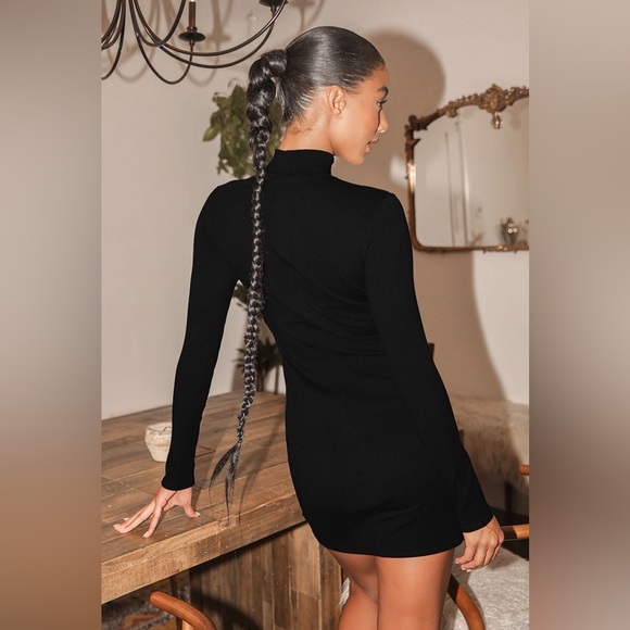 Lulu’s Black Ribbed Mock Neck Long Sleeve Bodycon Dress - Picture 3 of 4